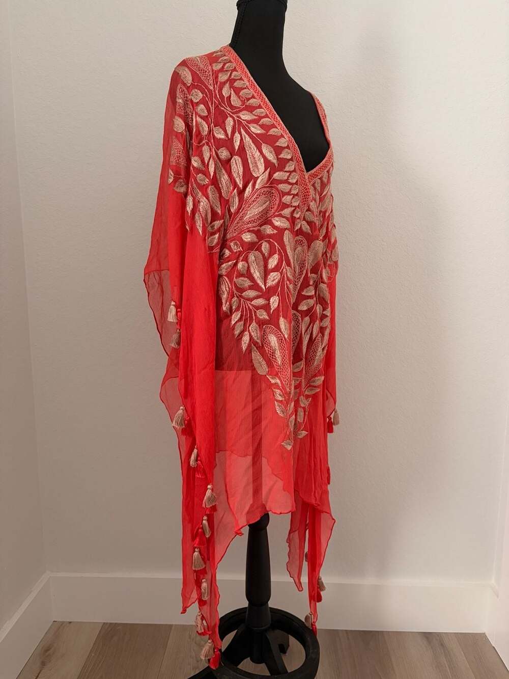 Reve by Khushali Kumar Coral Red Embroidered Silk Caftan Tunic with Tassels